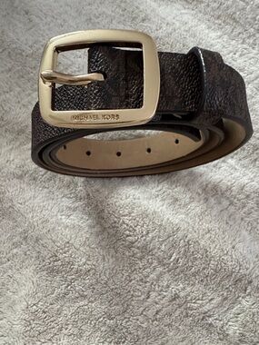 Michael Kors Women’s Brown Leather Belt with Gold Buckle